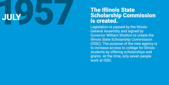 The Illinois State Scholarship
Commission is created. Legislation is passed by the Illinois General Assembly and signed by Governor William Stratton to create the Illinois State Scholarship Commission (ISSC). The purpose of the new agency is to increase access to college for Illinois students by offering scholarships and grants. At the time, only seven people work at ISSC.