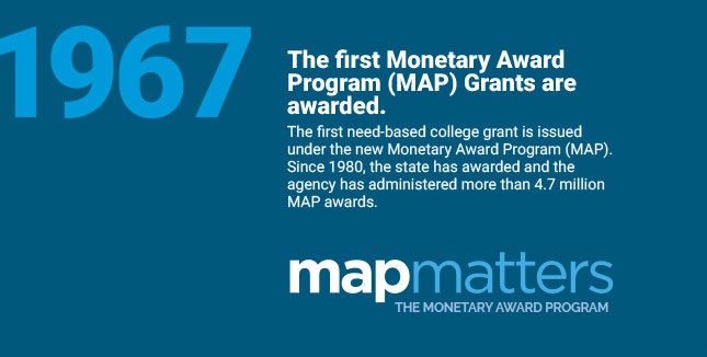 The first Monetary
Award Program (MAP) Grants are awarded. The first need-based college grant is issued under the new Monetary Award Program (MAP). Since 1980, the state has awarded and the agency has administered more than 4.7 million MAP awards.