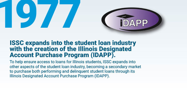 ISSC expands into the student
loan industry with the creation of the Illinois Designated Account Purchase Program (IDAPP). To help ensure access to loans for Illinois students, ISSC expands into other aspects of the student loan industry, becoming a secondary market to purchase both performing and delinquent student loans through its Illinois Designated Account Purchase Program (IDAPP).