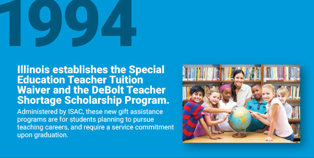 Illinois establishes the Special
Education Teacher Tuition Waiver and the DeBolt Teacher Shortage Scholarship Program. Administered by ISAC, these new gift assistance programs are for students planning to pursue teaching careers, and require a service commitment upon graduation.