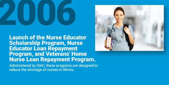 Launch of the Nurse Educator
Scholarship Program, Nurse Educator Loan Repayment Program, and Veterans' Home Nurse Loan Repayment Program. Administered by ISAC, these programs are designed to reduce the shortage of nurses in Illinois.
