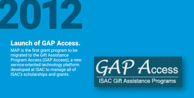 Launch of GAP Access.
MAP is the first grant program to be migrated to the Gift Assistance Program Access (GAP Access), a new service-oriented technology platform developed at ISAC to manage all of ISAC’s scholarships and grants.